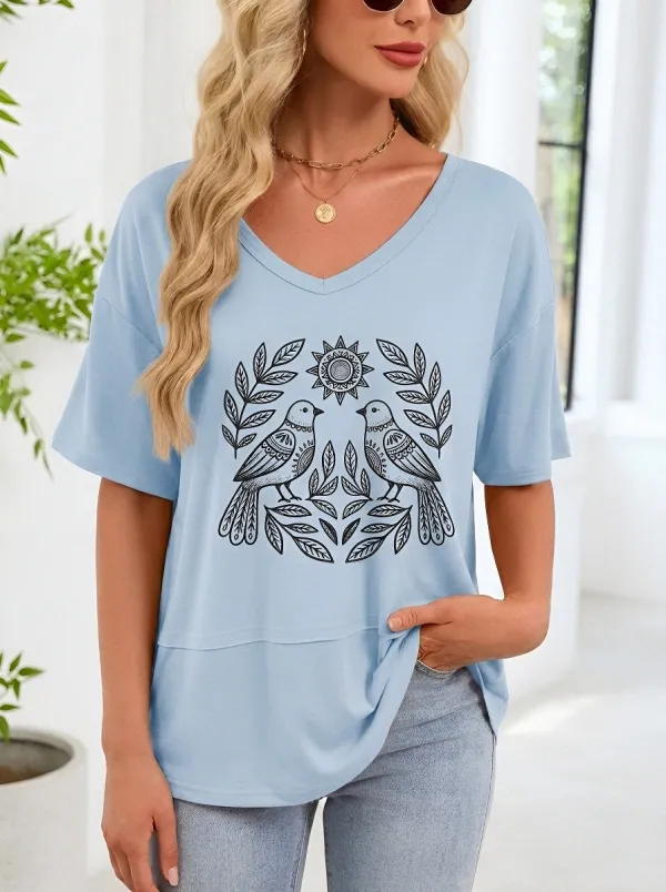 Women's Nature Lover Bird Sun Leaves Printed T-shirt