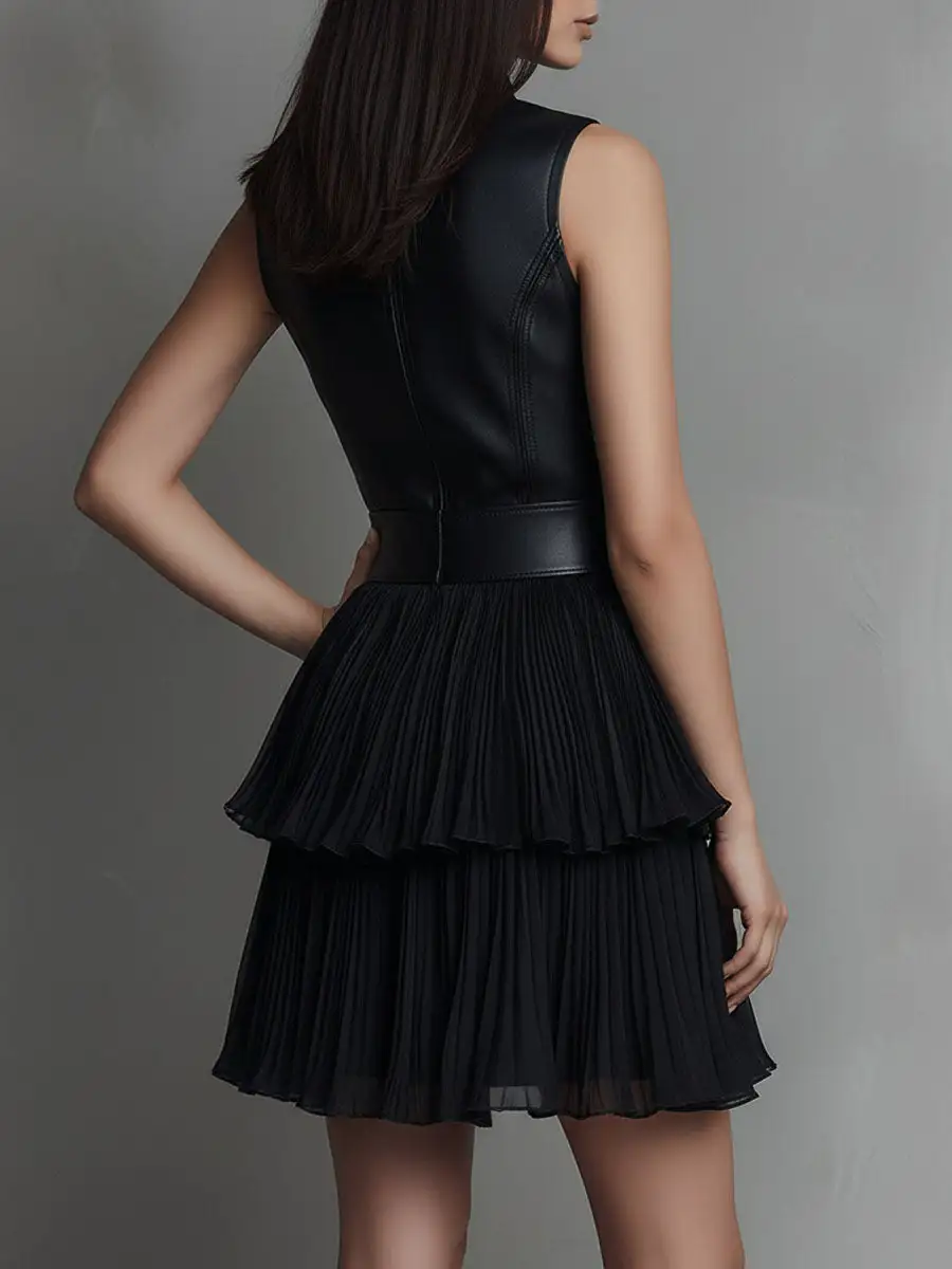 Chic Black Eco Leather & Pleated Chiffon Tiered Skirt Mini Dress
