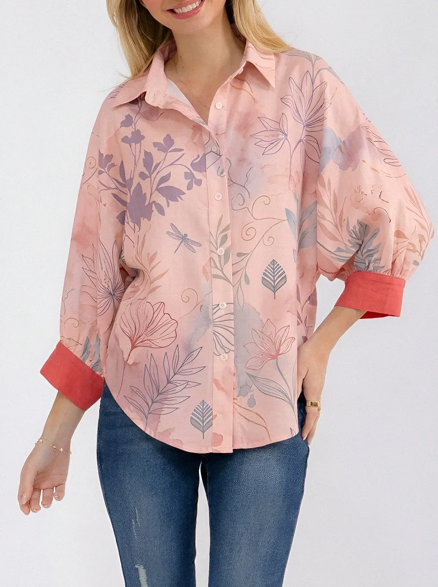 Women's Botanical Dragonfly Watercolor Printed Button-up Shirt
