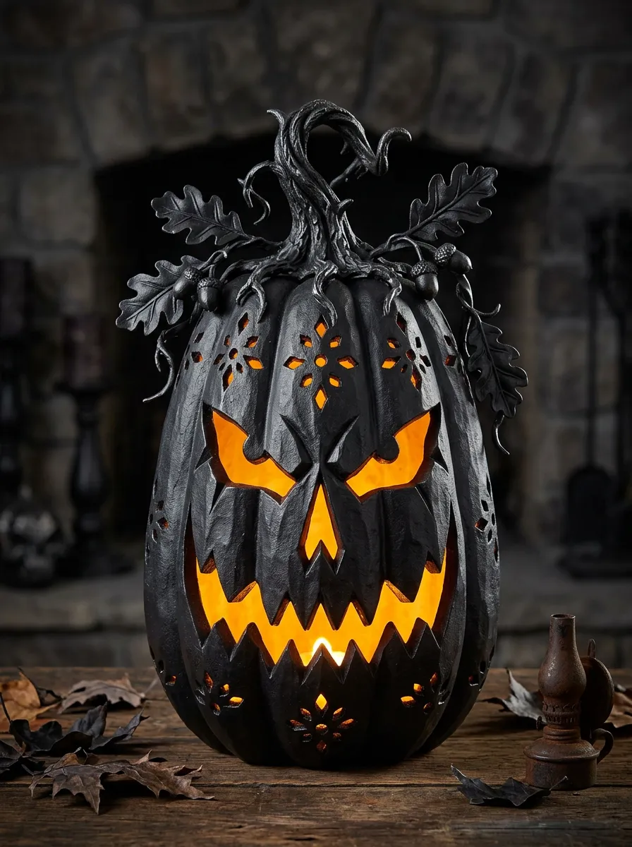 Halloween Gothic Pumpkin Oak Leaf Carved Metal Table Ornament