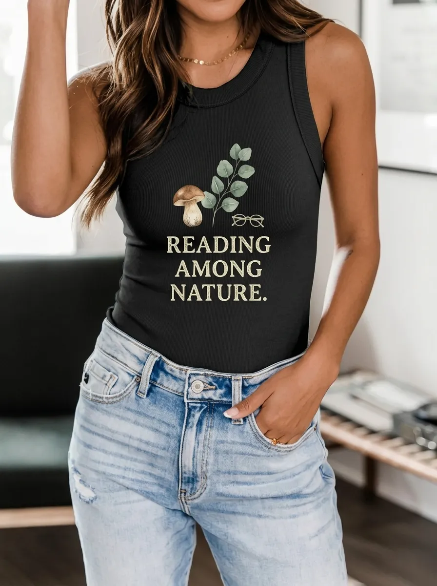 Women's Book Lover Mushroom Nature Reading Printed Tank Top