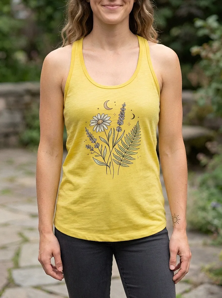 Women's Botanical Nature Lover Daisy Lavender Fern Printed Tank Top
