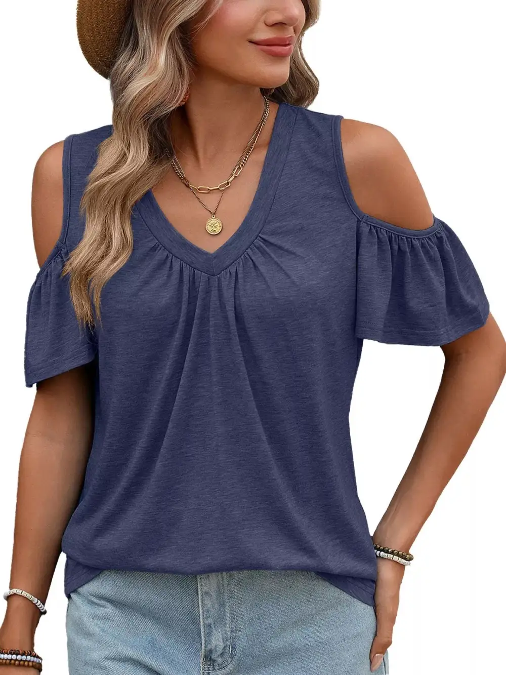 Cold Shoulder V Neck T Shirt