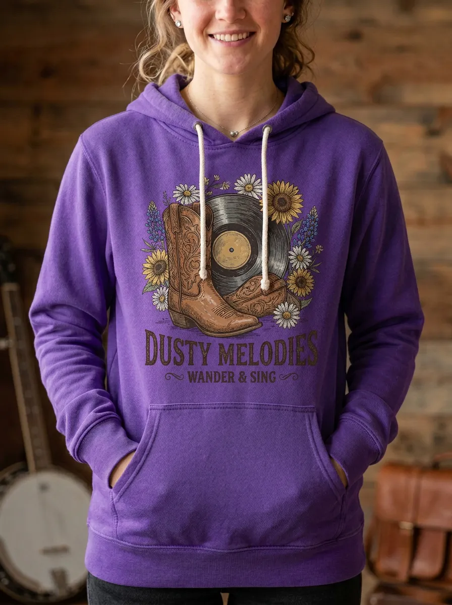 Cowboy-Boot Floral Record-Player Women's Country Music Printed Hoodie