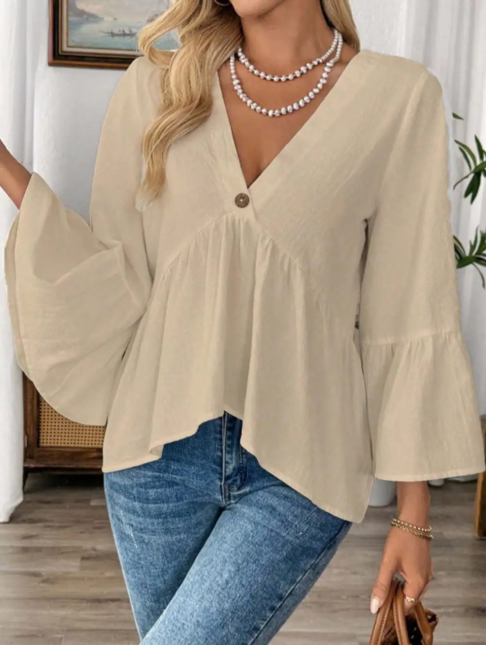 V Neck Ruffle Sleeve Cotton Blouse