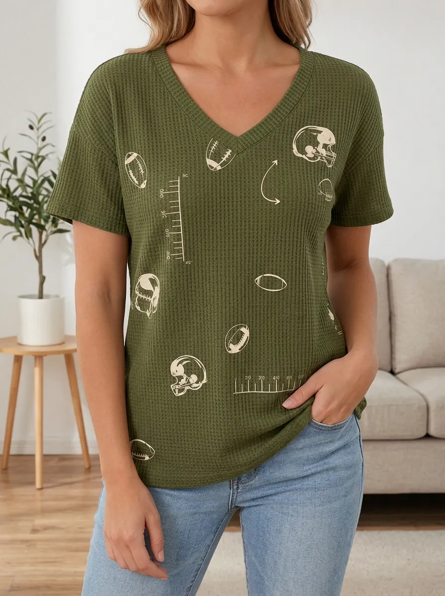 Women's Football Fan Helmet Ball Printed Waffle Knit Top