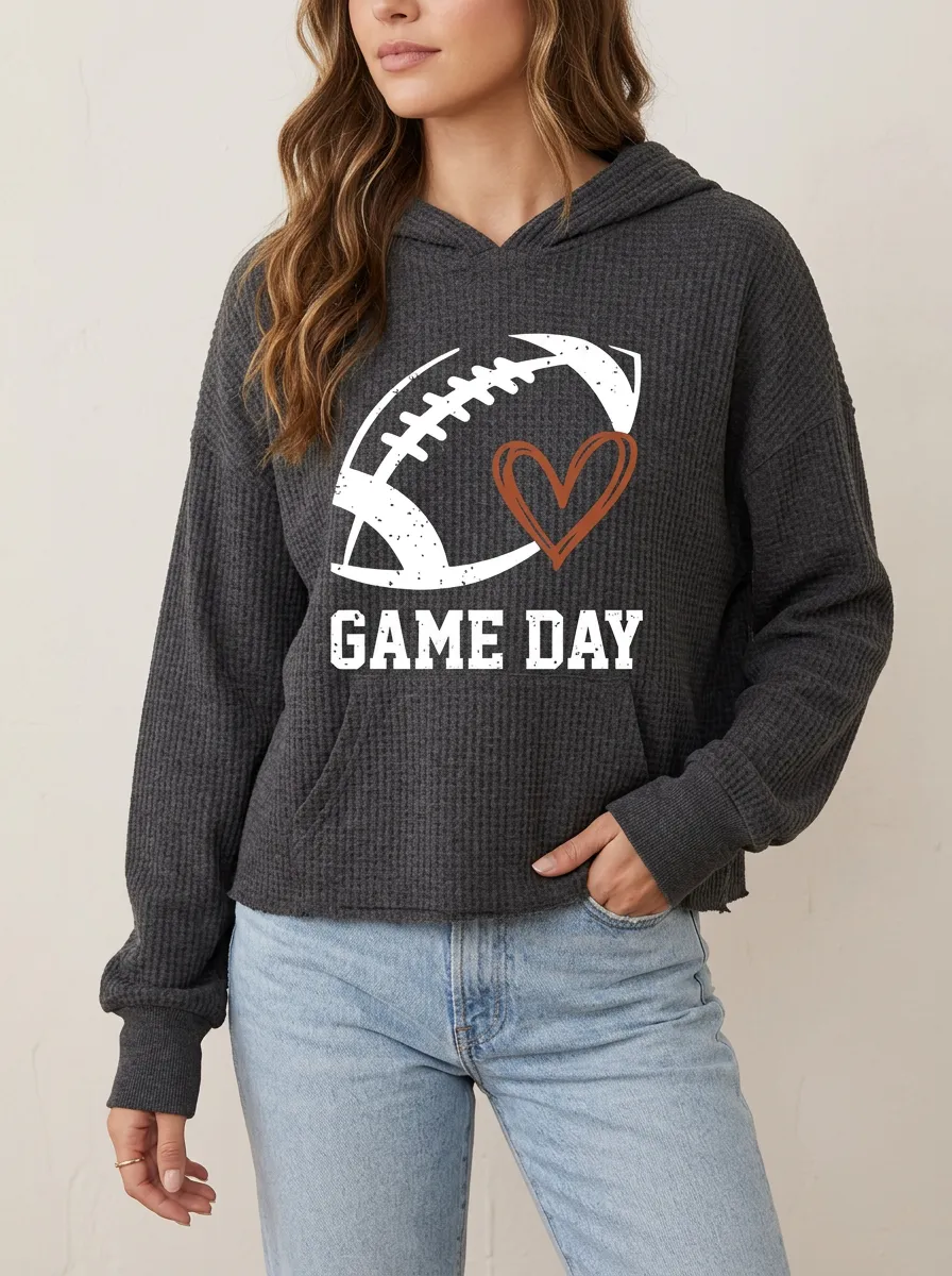 Women's Classic Football Lover Game Day Heart Printed Waffle Hoodie