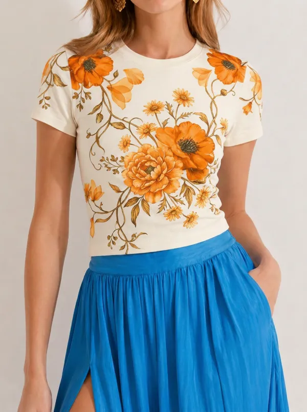 Women's Floral Lover Blue Poppy Daisy Printed T-shirt