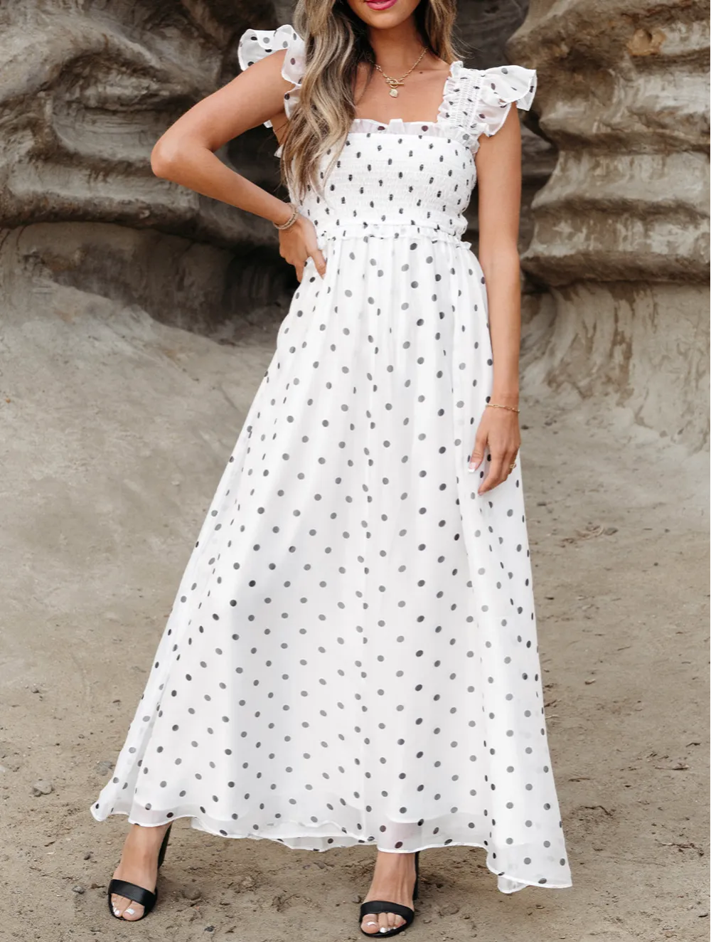 Polka Dot Flutter Sleeve Square Neck Smocked Maxi Dress