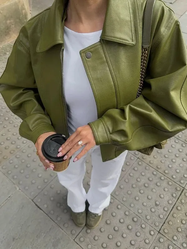 Relaxed Fit Oversized Leather Bomber Jacket