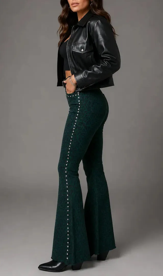 Studded Detail Leopard Print Bell Bottom Frayed Hem Denim Jeans