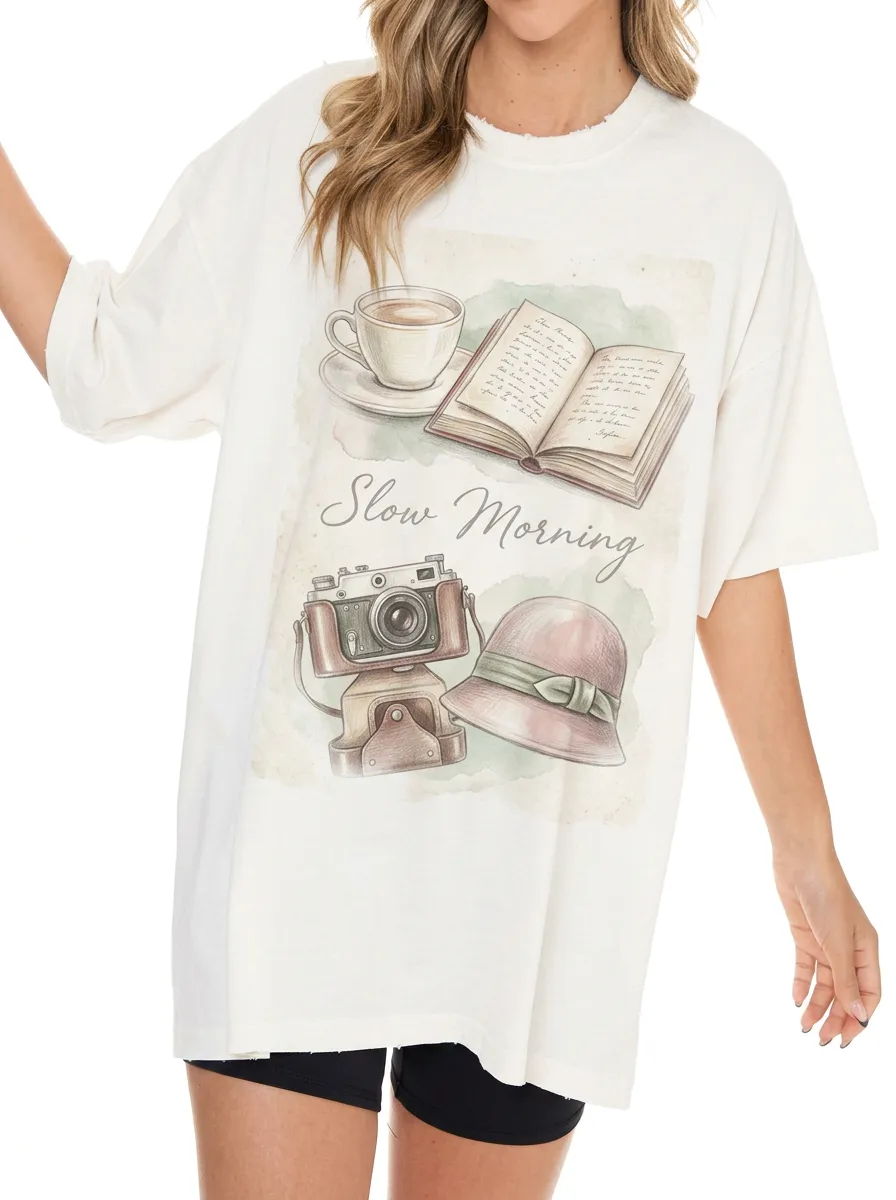 Women's Slow Morning Book Coffee Camera Printed T-shirt