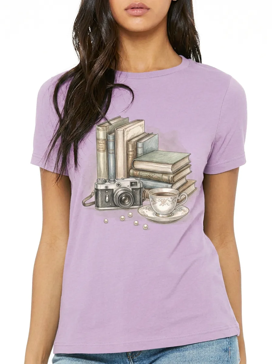 Women's Book Lover Vintage Camera Coffee Printed T-shirt