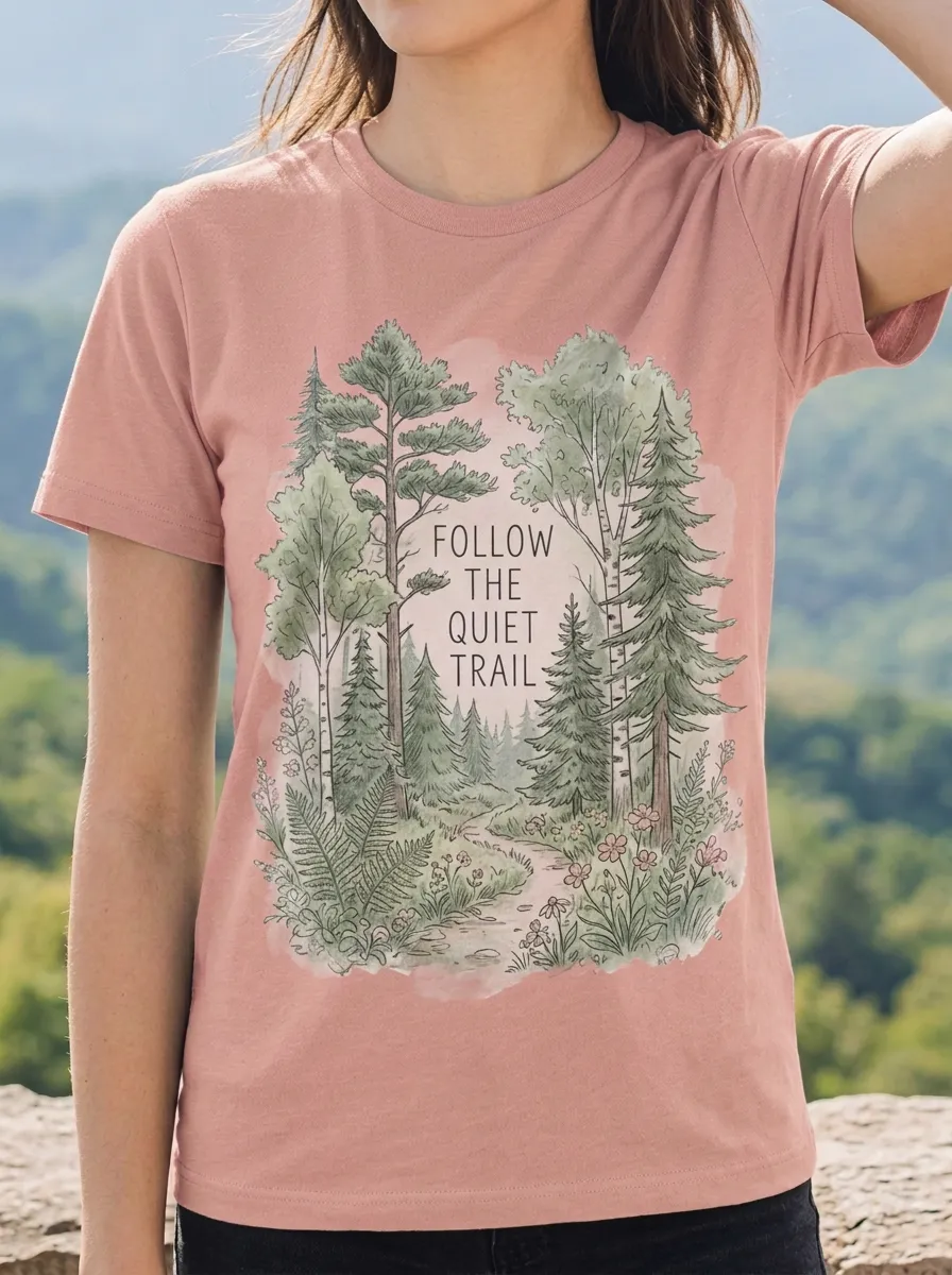 Women's Nature Lover Follow The Quiet Trail Forest Printed T-shirt