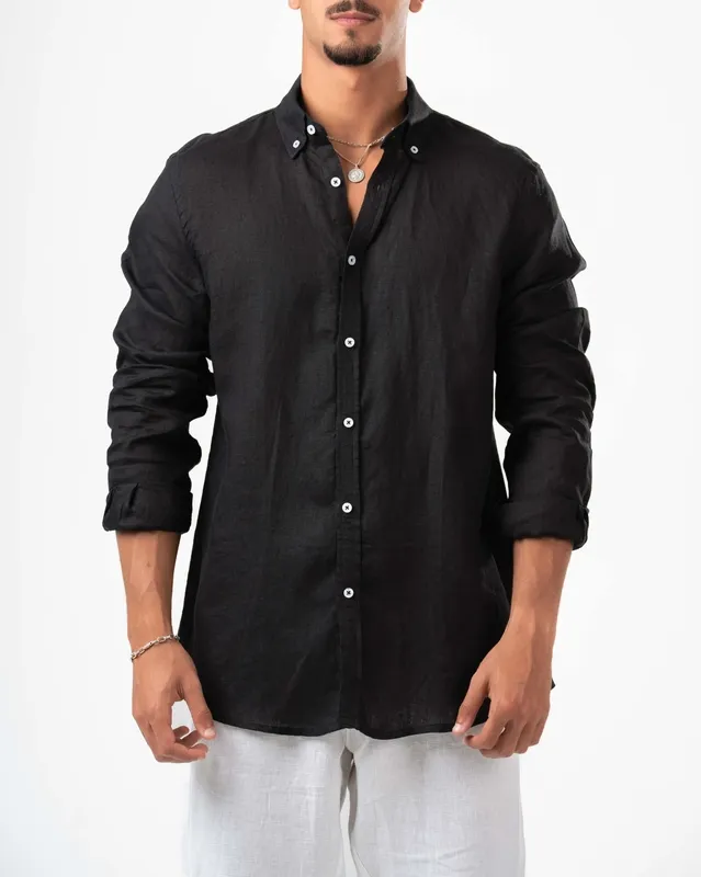 Black Linen Button Front Shirt
