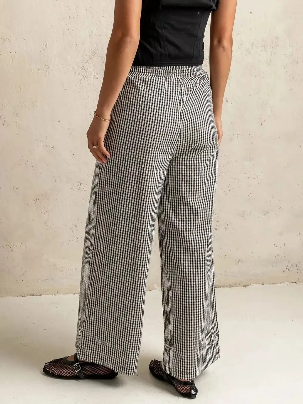 Wide Leg Gingham Drawstring Pocketed Pants