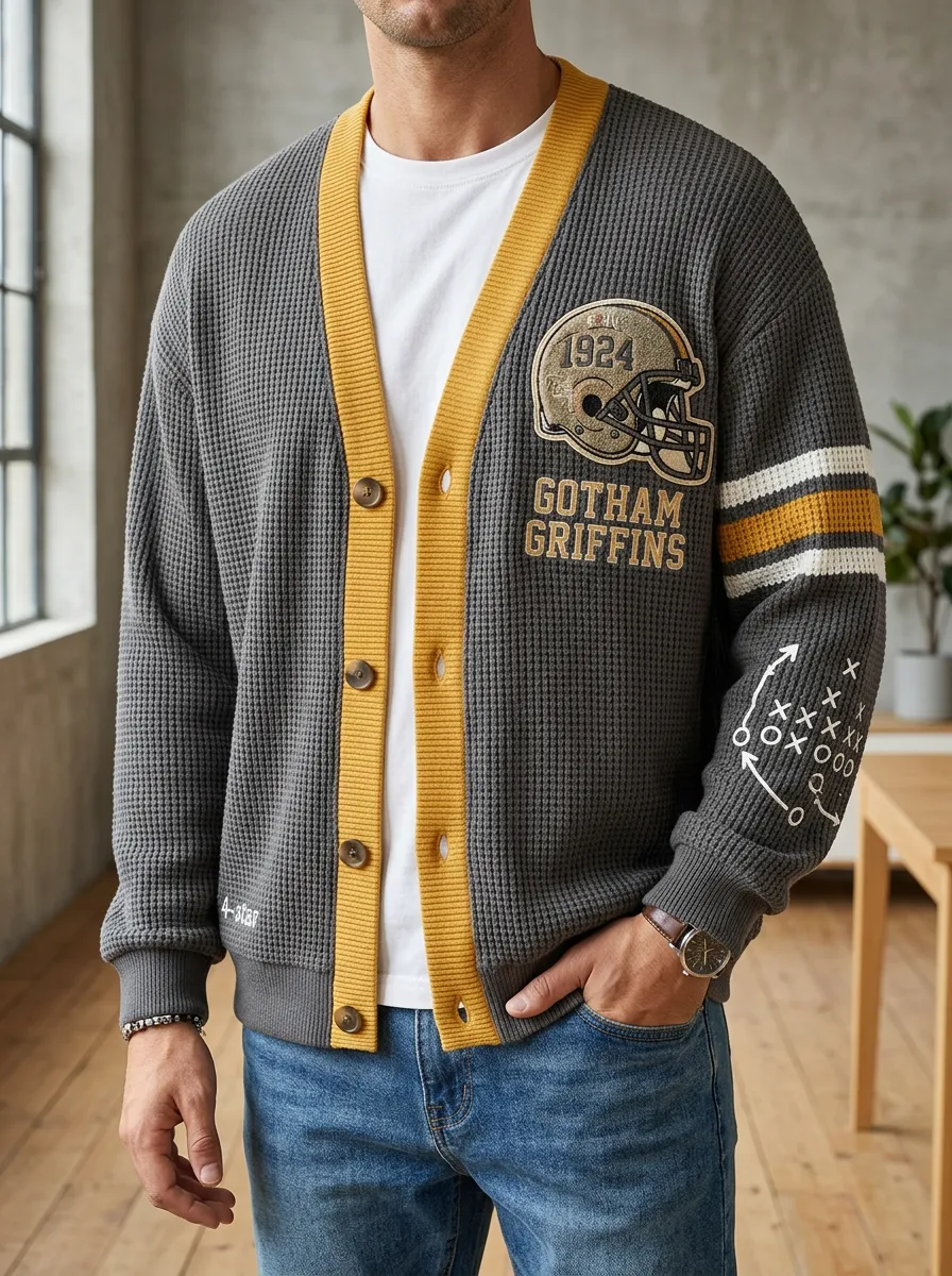 Men's Football Lover Gotham Griffins Helmet Printed Waffle Cardigan