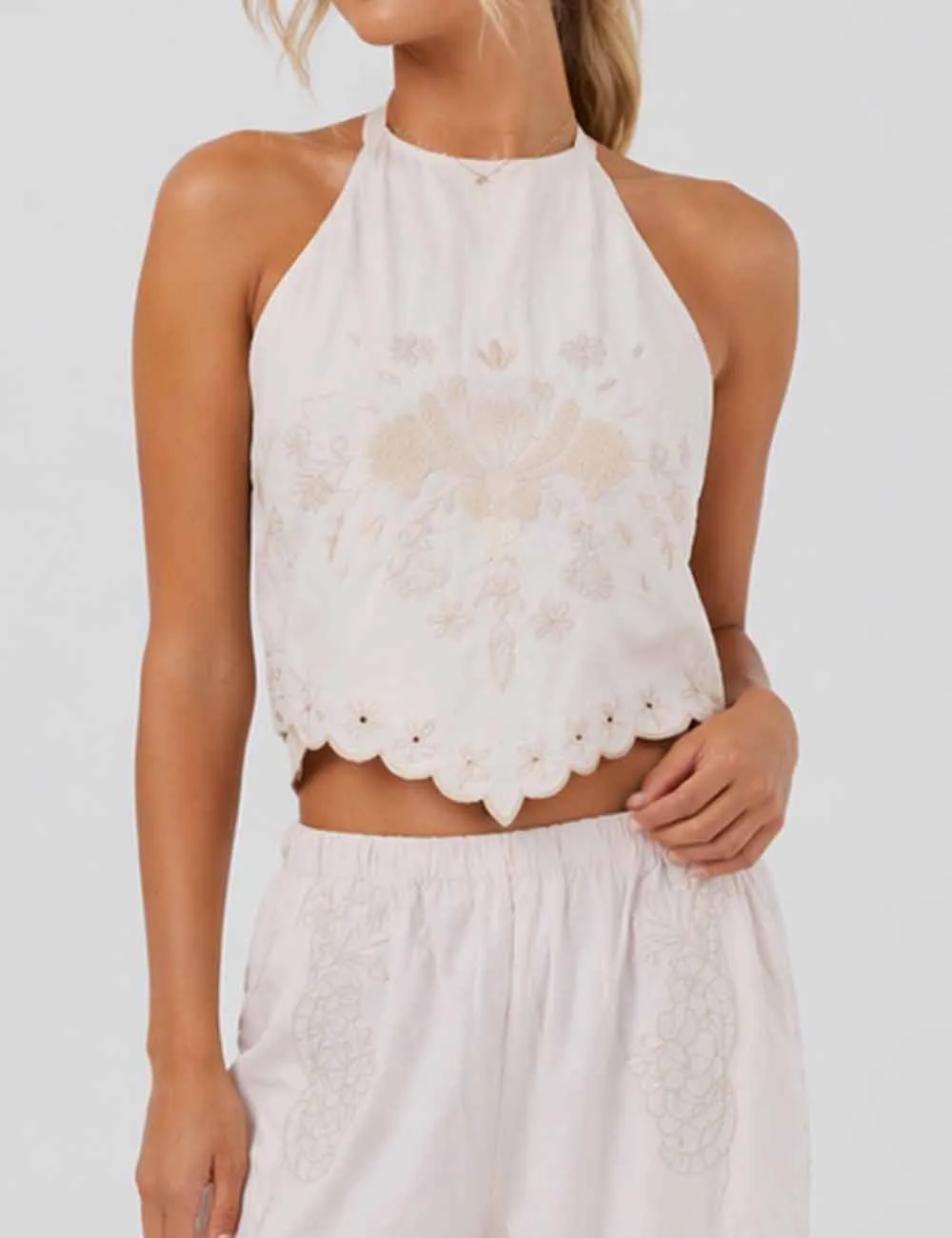 Embroidery Halter Tie-neck Backless Top
