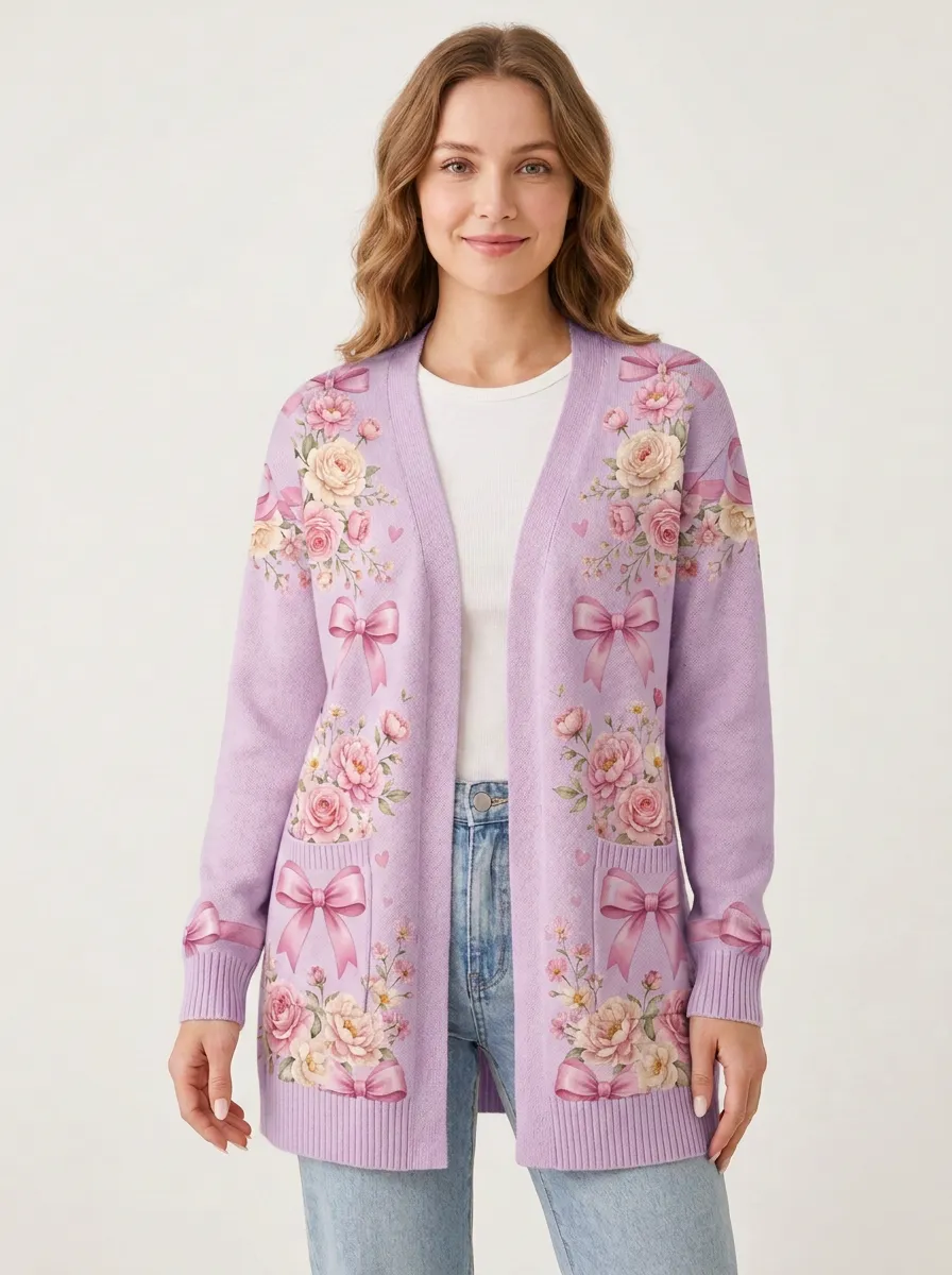 Women's Breast Cancer Awareness Floral Bow Printed Cardigan