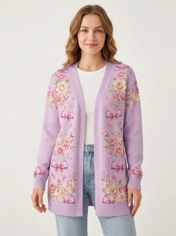Women's Breast Cancer Awareness Floral Bow Printed Cardigan