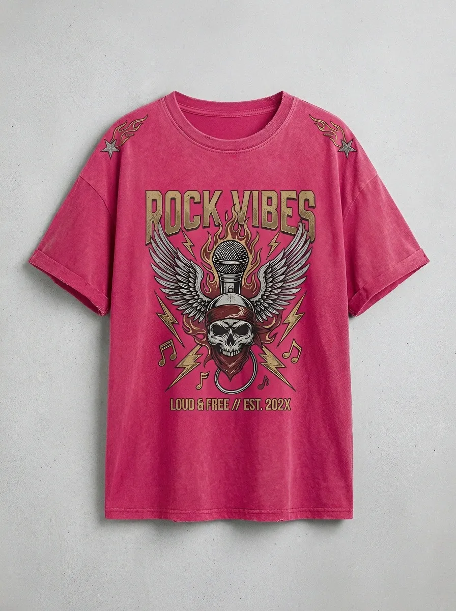 Unisex Rock Music Lover Winged Skull Microphone Printed T-shirt