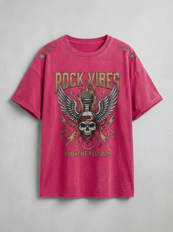 Unisex Rock Music Lover Winged Skull Microphone Printed T-shirt