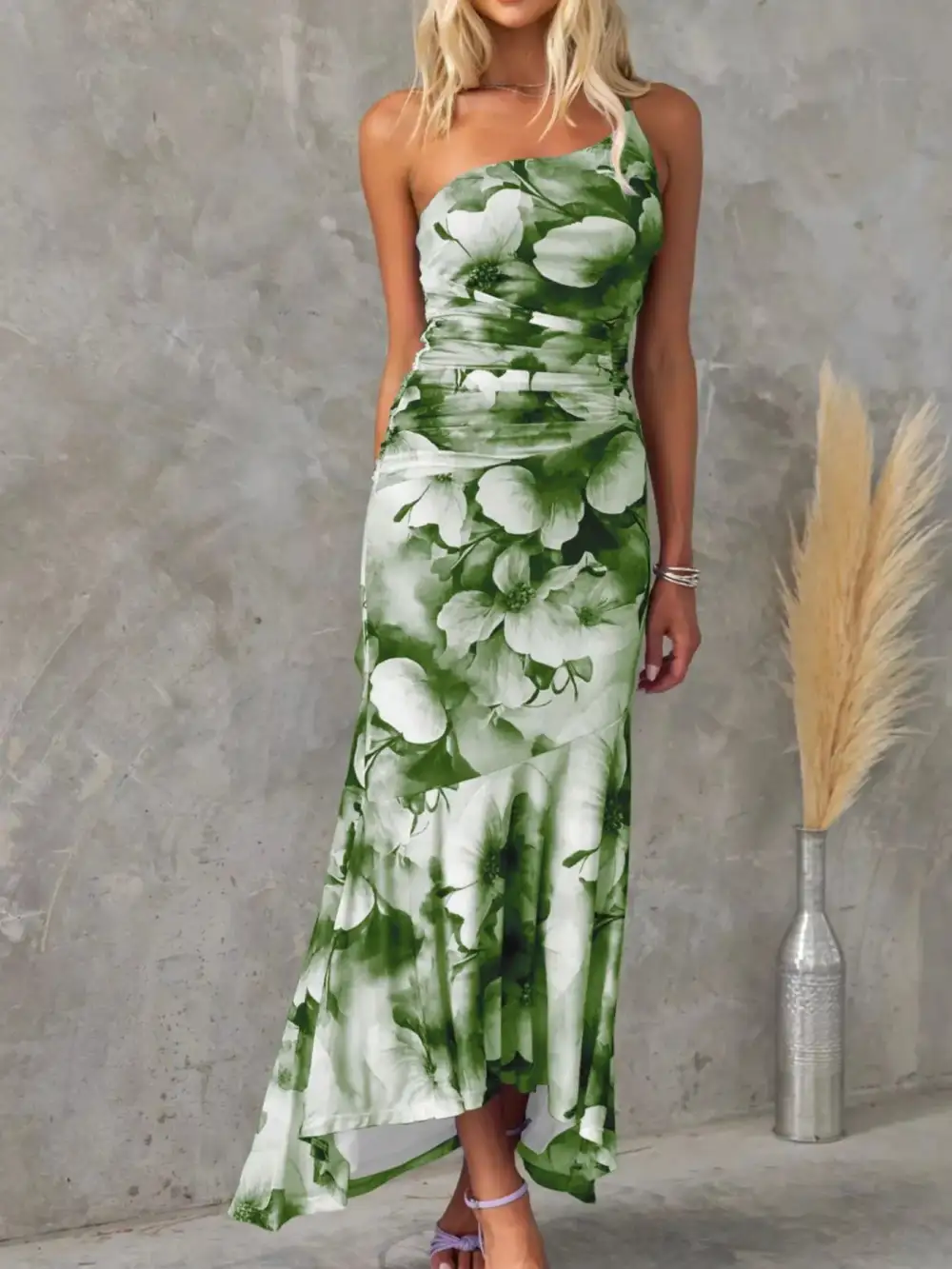 Ruched One-Shoulder Floral Maxi Dress