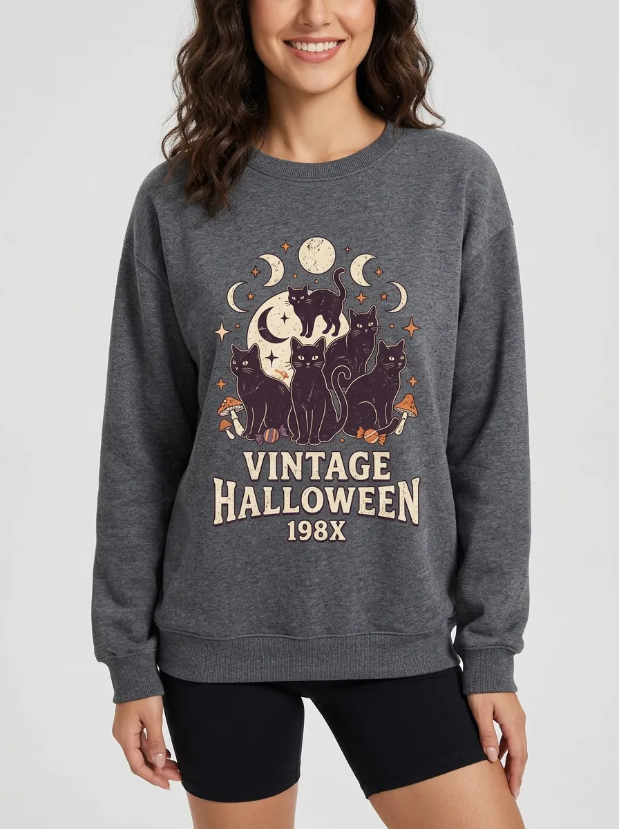 Women's Halloween Cat Lover Moon Mushroom Printed Sweatshirt