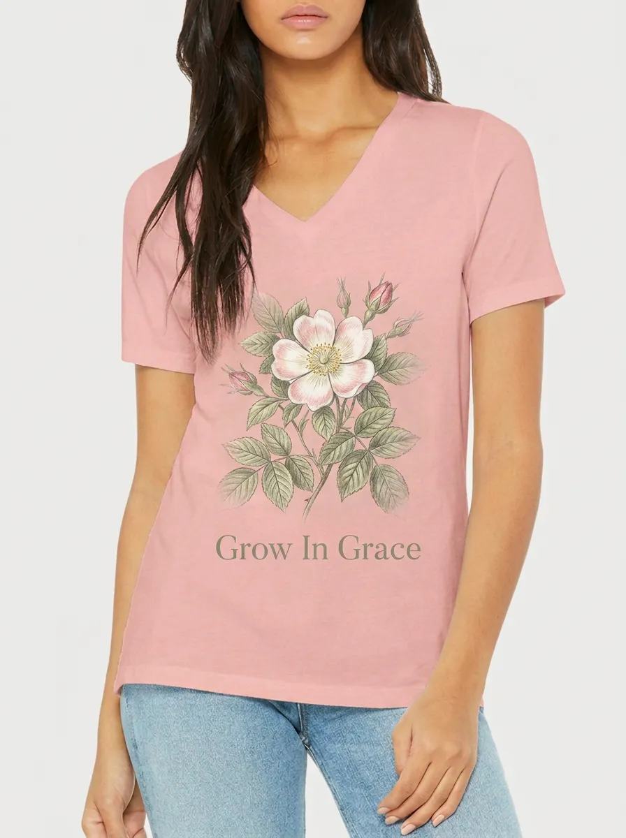 Women's Grow In Grace Wild Rose Floral Printed V-Neck T-Shirt
