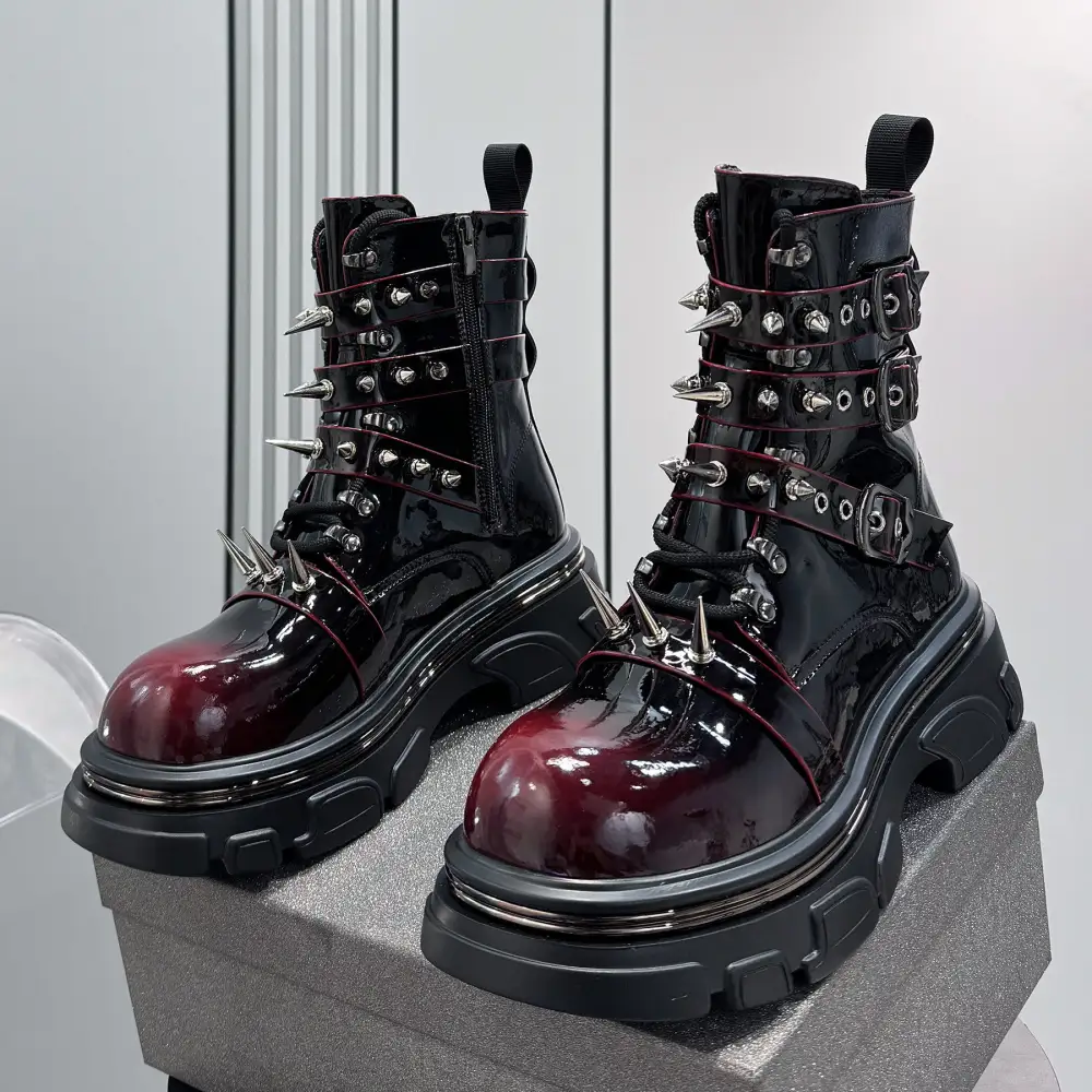 Patent Strap Buckle Spike Platform Ankle Boots