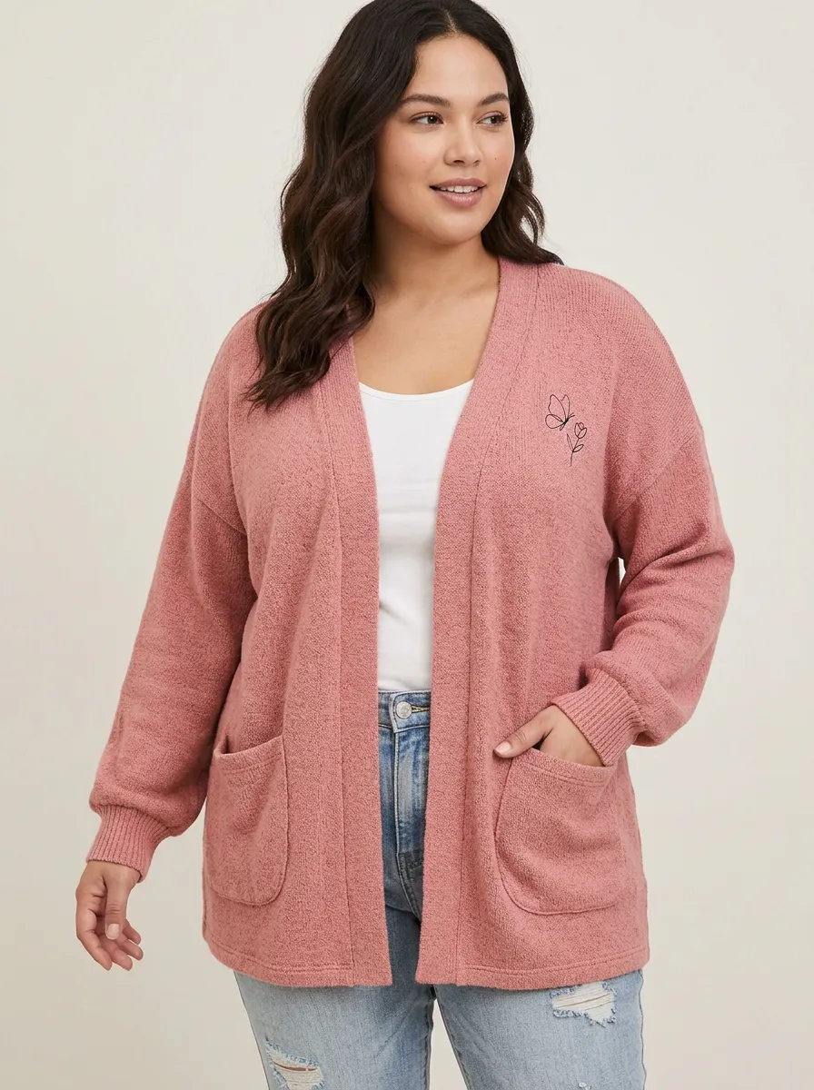 Pink Casual Butterfly Floral Minimalist Print Cardigan