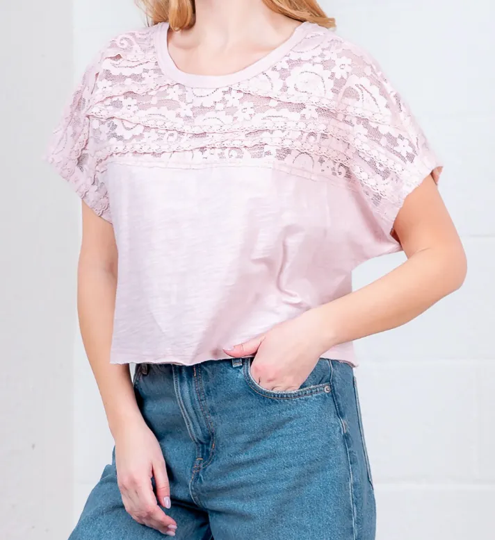 Laced Yoke W Lace Trim Round Neck Top