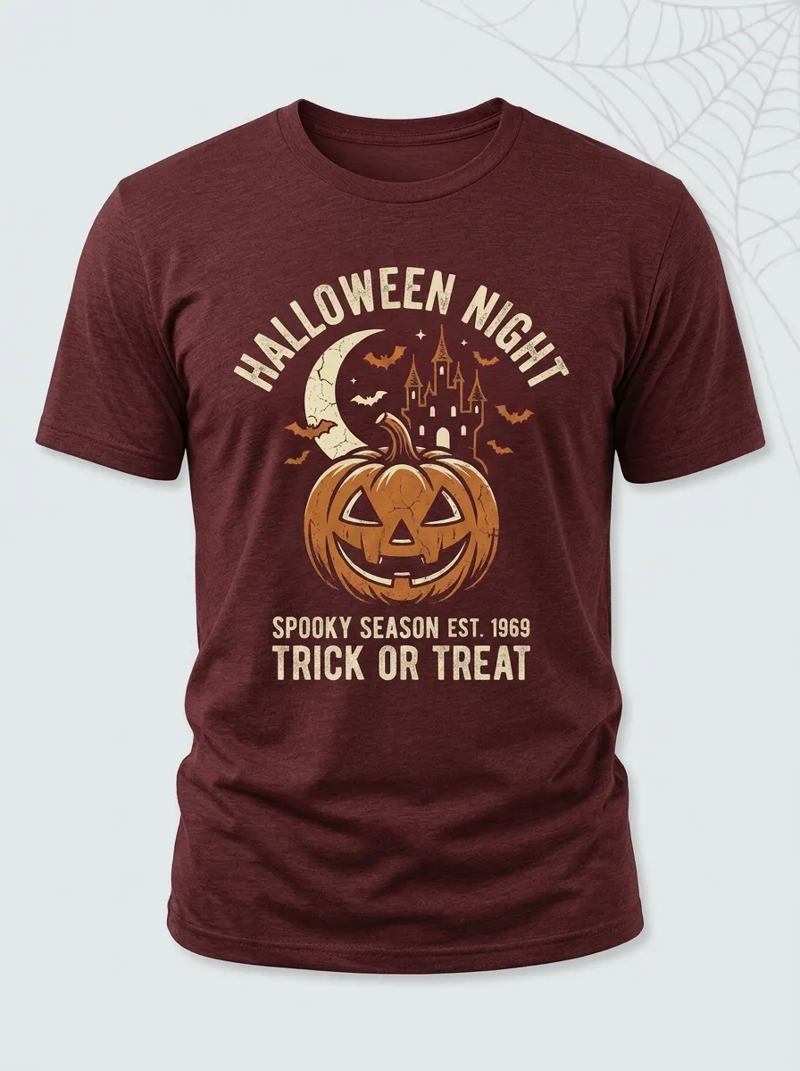 Men's Halloween Night Pumpkin Castle Bats Printed T-shirt