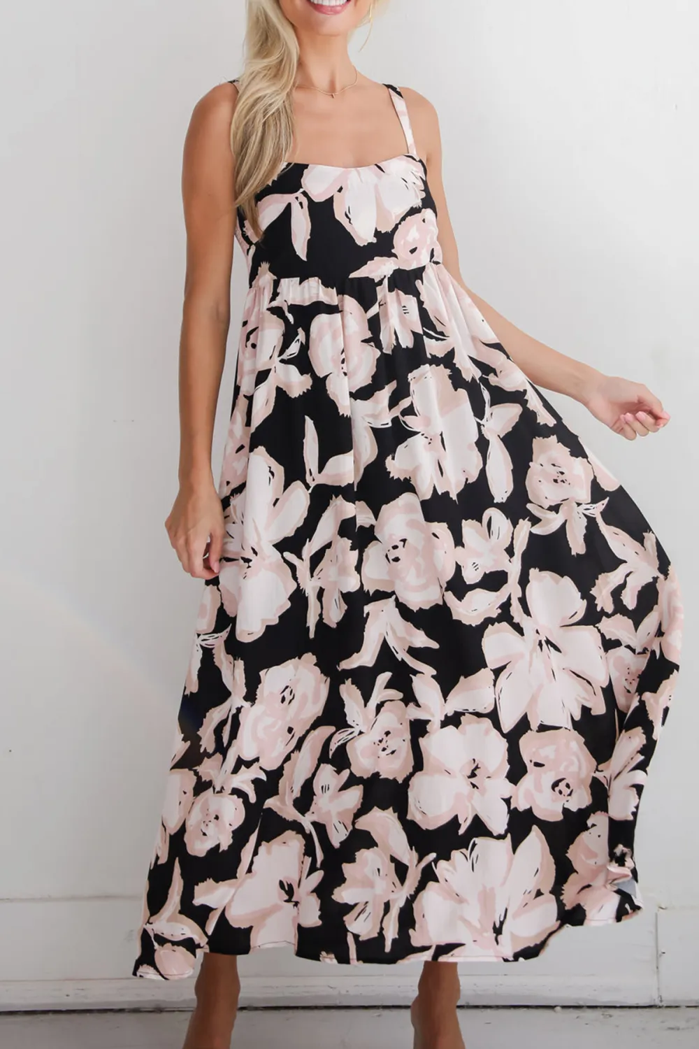 Black Strapless Floral Midi Dress