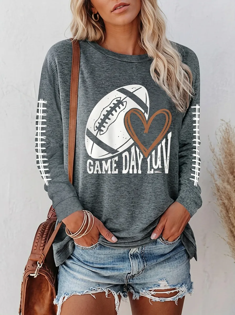 Women's Gridiron Heart Ball Game Day Crewneck Long Sleeve T-Shirt