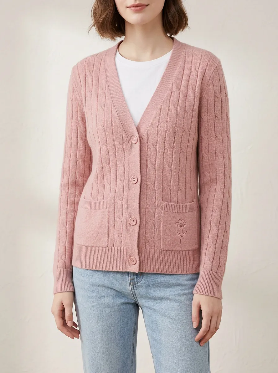 Women's Pink Floral Cable Knit Embroidered Cardigan