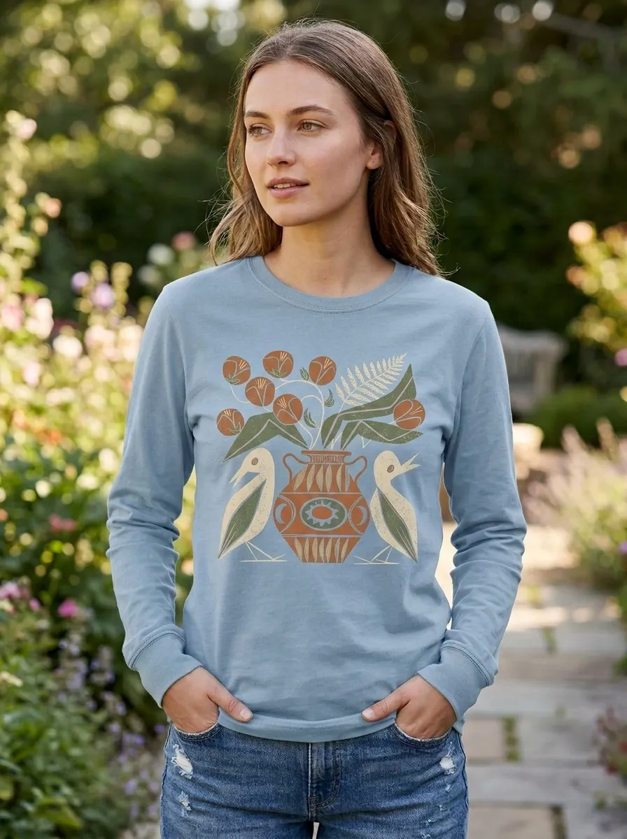 Women's Botanical Bird Vase Folk Art Printed Long Sleeve Top