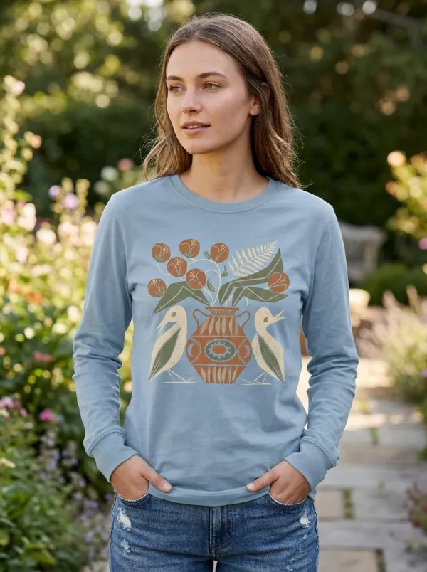 Women's Botanical Bird Vase Folk Art Printed Long Sleeve Top