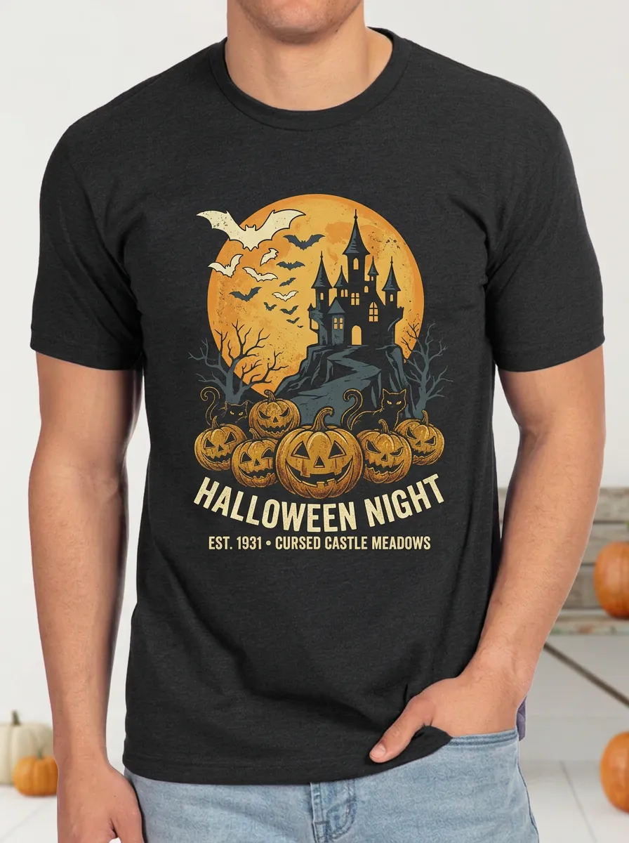 Men's Halloween Night Cursed Castle Pumpkin Printed T-shirt