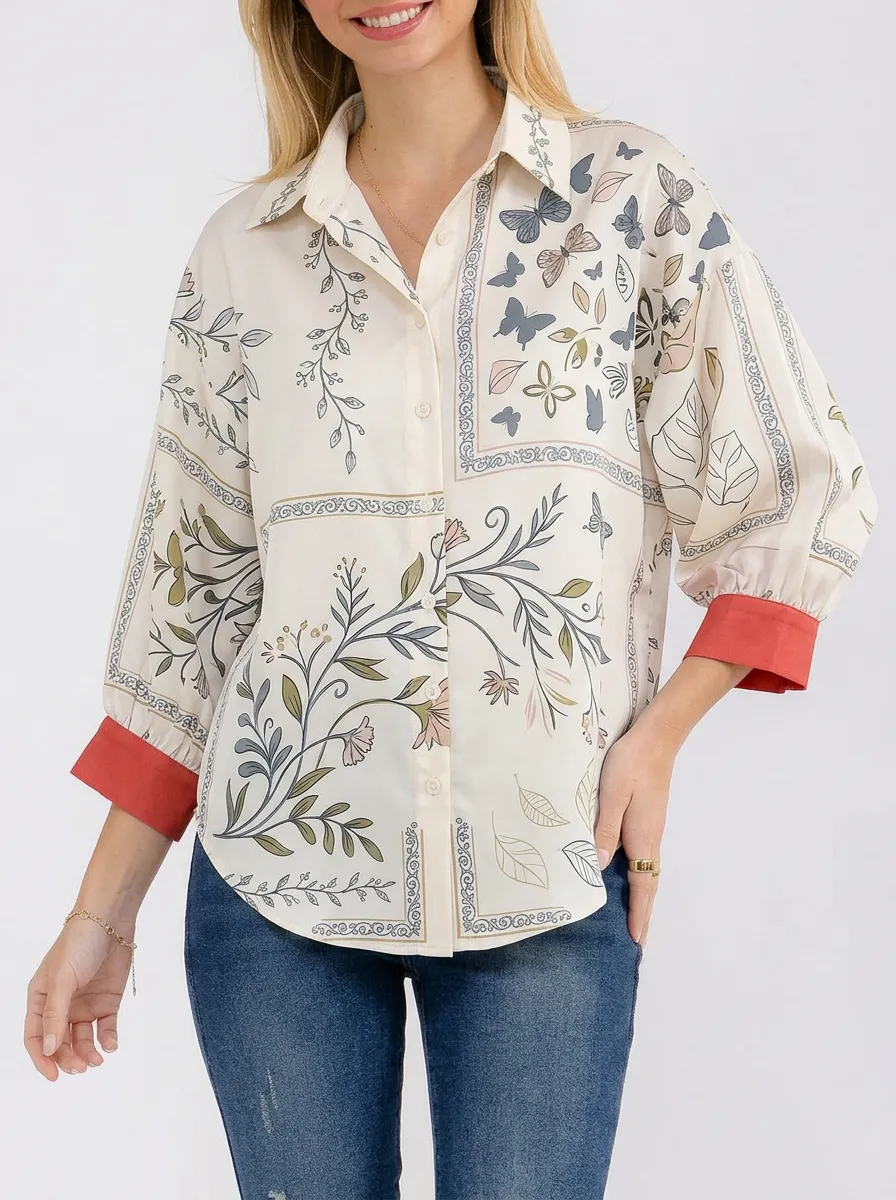 Women's Botanical Butterfly Floral Printed Button-Down Shirt