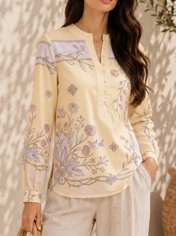 Women's Floral Bird Rope Pattern Printed Long Sleeve Blouse