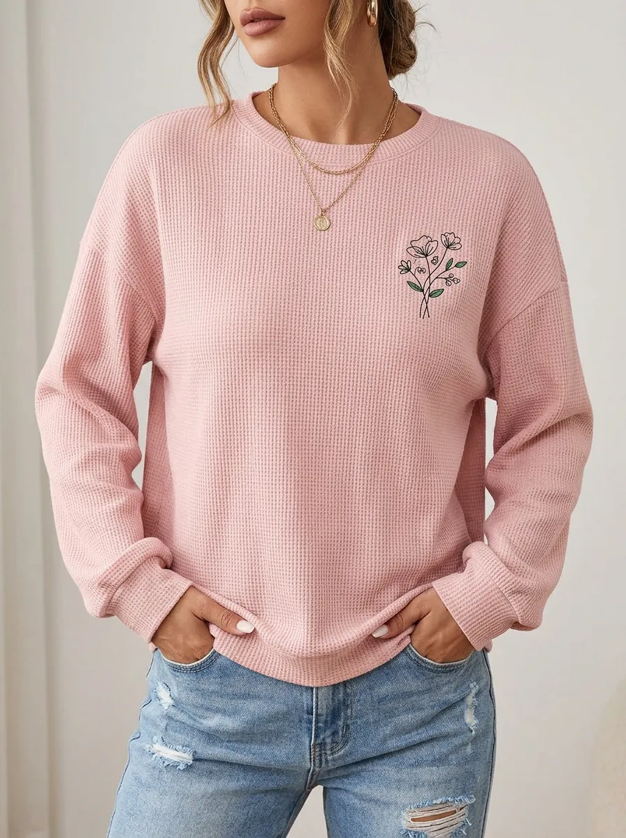 Women's Pink Floral Minimalist Line Art Printed Waffle Knit Top