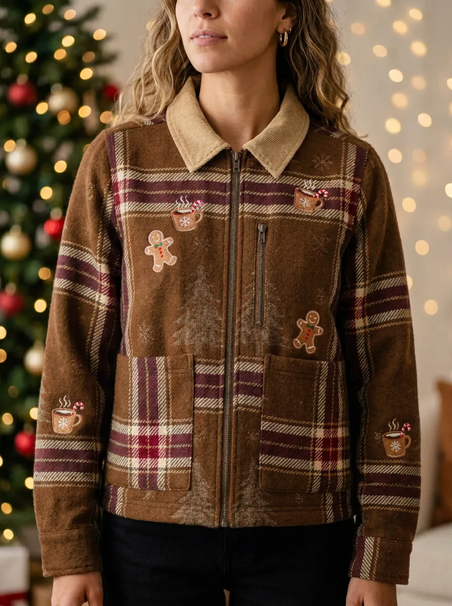 Christmas Gingerbread Man Cocoa Print Plaid Jacket