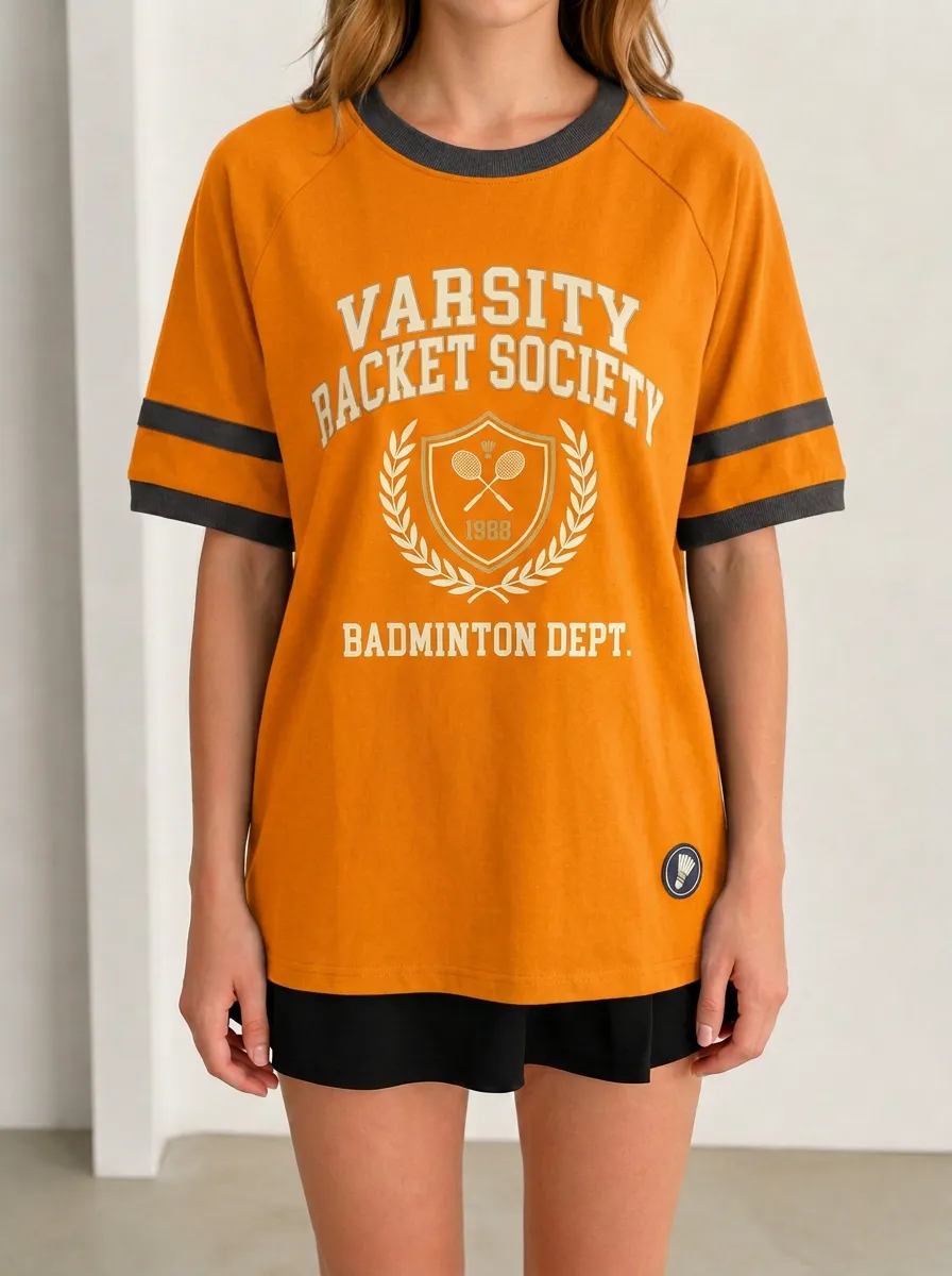 Women's Badminton Lover Varsity Racket Society Printed T-shirt