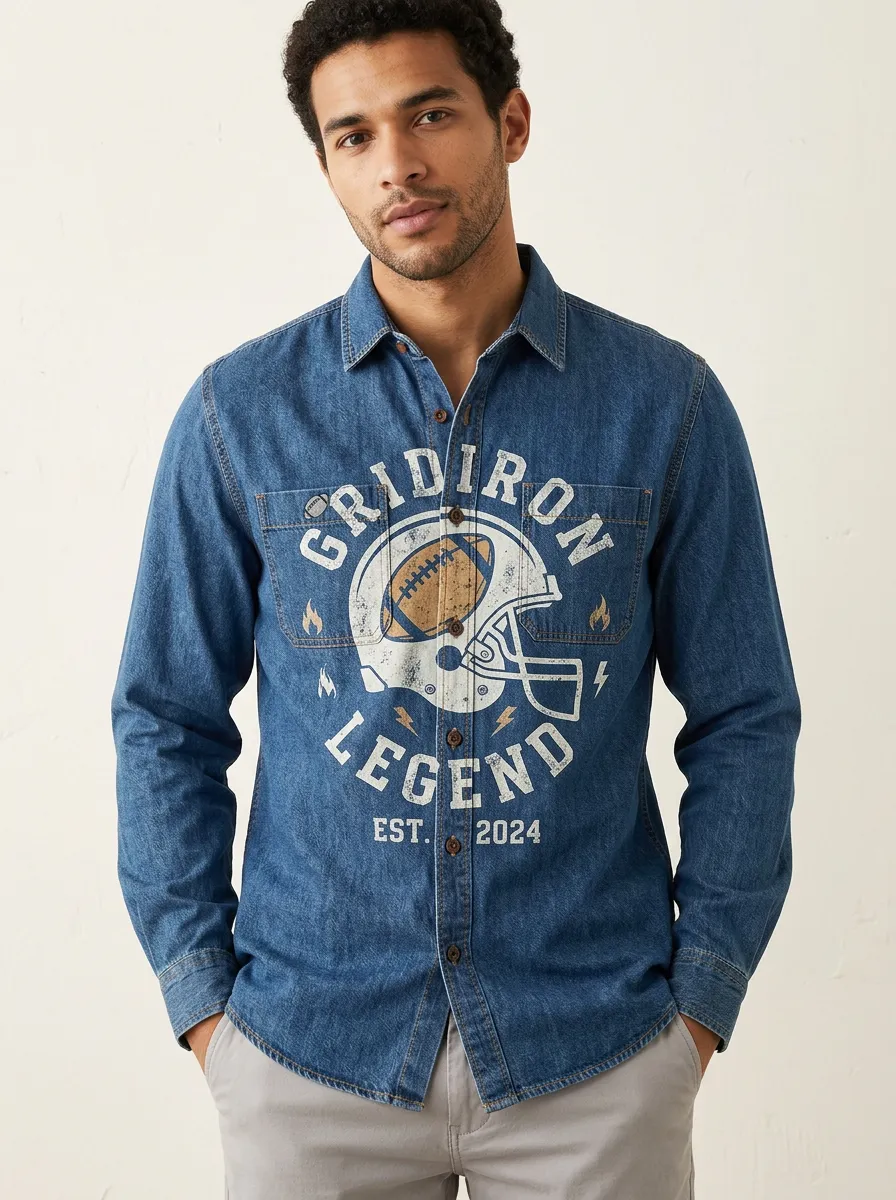 Men's Football Lover Gridiron Legend Helmet Printed Denim Shirt