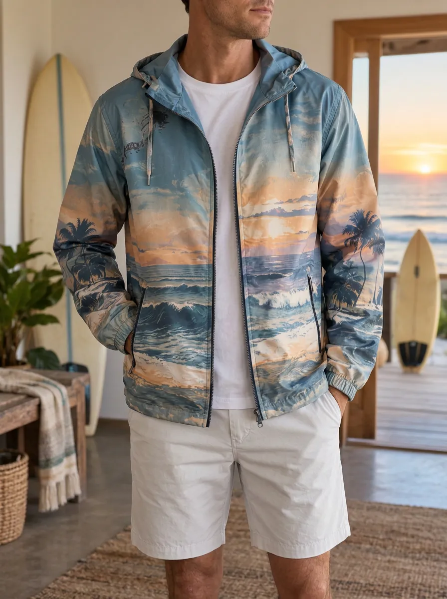 Men's Beach Lover Sunset Ocean Palm Tree Printed Jacket