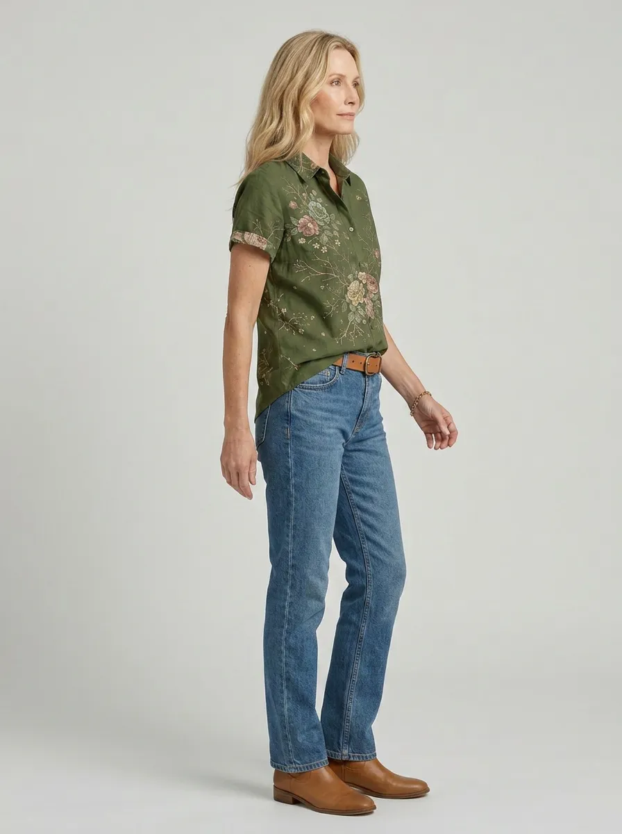 Women's Vintage Floral Botanical Printed Short Sleeve Shirt