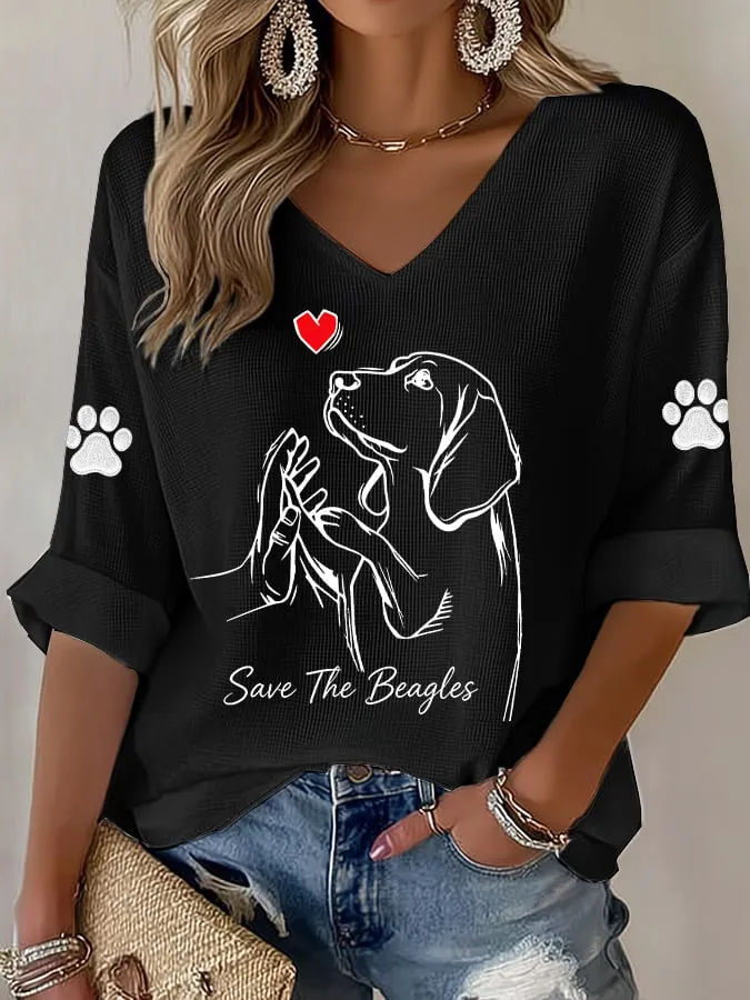 Women's Save The Beagles Print V Neck Top