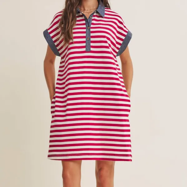 Striped Denim Button Front Polo Detail Dress