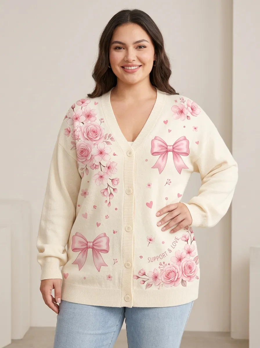 Women's Breast Cancer Awareness Floral Bow Printed Cardigan